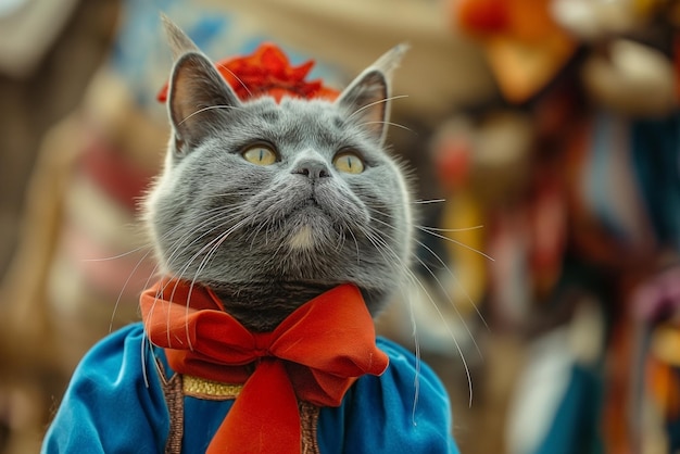 Un gatto in un costume blu indossa un arco rosso durante il giorno del carnevale Gatto carnevale in abiti storici