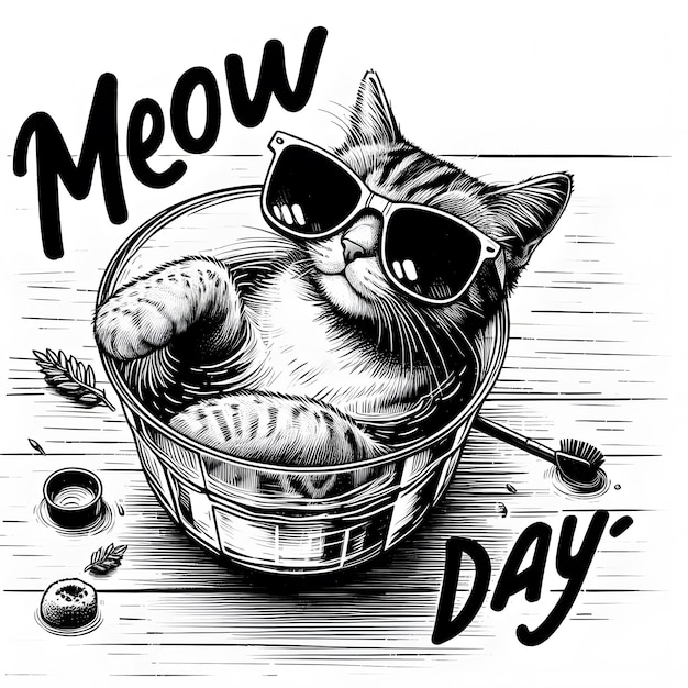 un gatto in un secchio che dice "meow day"