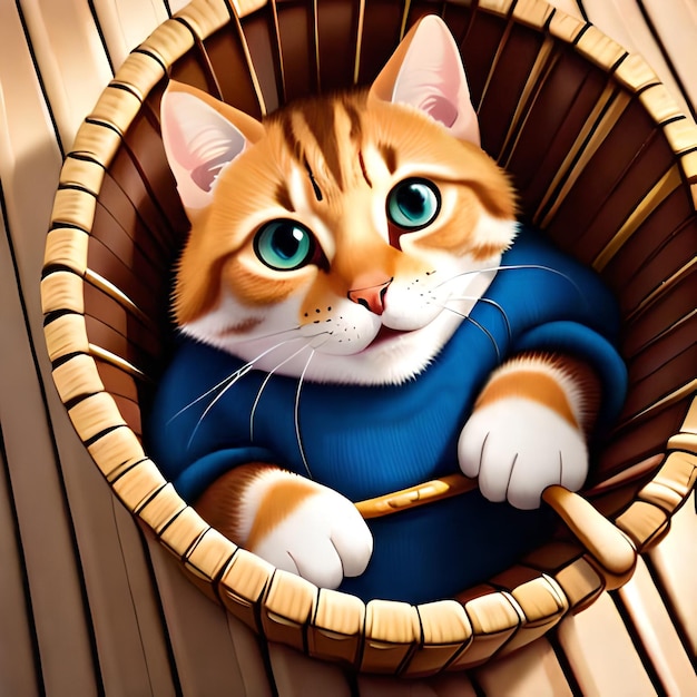 Un gatto in una cesta con gli occhi azzurri è seduto in una cesta.