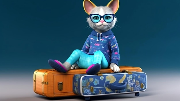 un gatto in una felpa blu si siede con una valigia su uno sfondo bianco