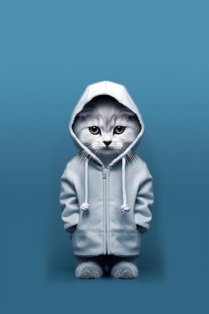 un gatto in una giacca bianca con uno sfondo blu
