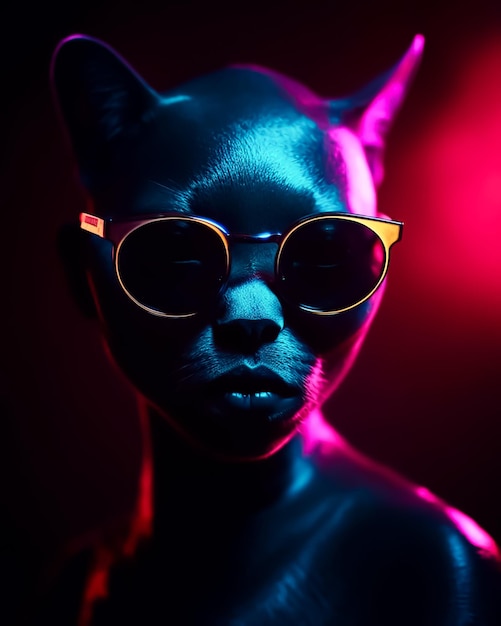 Un gatto in una luce al neon nera e blu