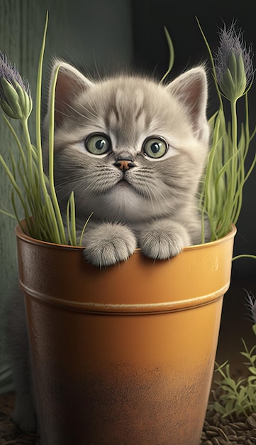 Un gatto in una pentola con l'erba