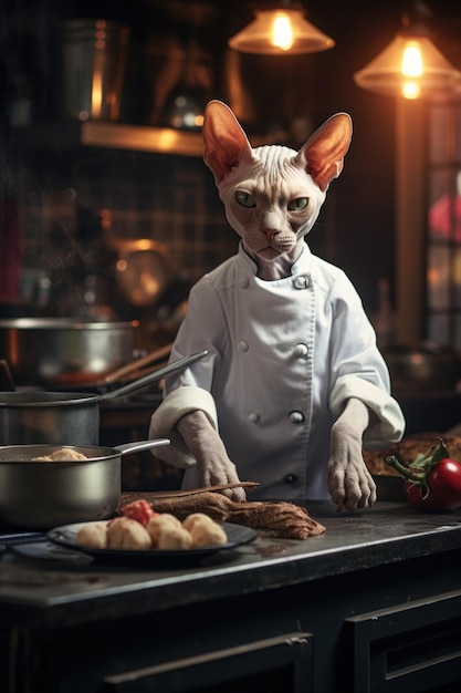Un gatto in uniforme da chef sta cucinando il cibo ai