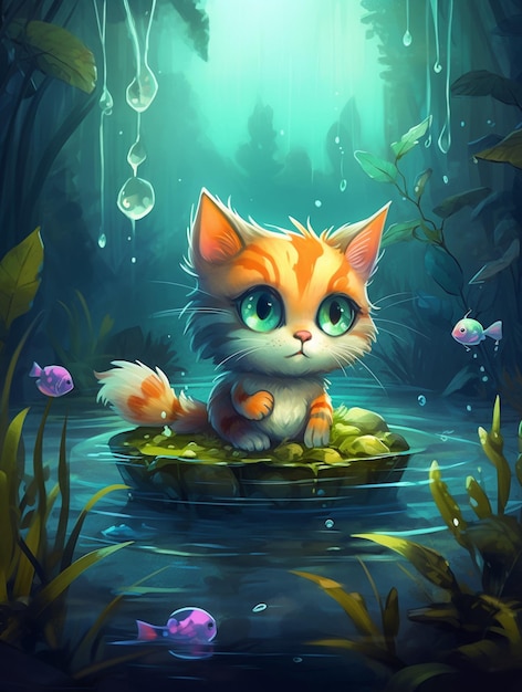 Un gatto in uno stagno con dei pesci e un cartello che dice "amo i gatti".