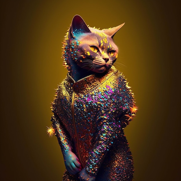 Un gatto indossa un vestito di paillettes con glitter dorati.