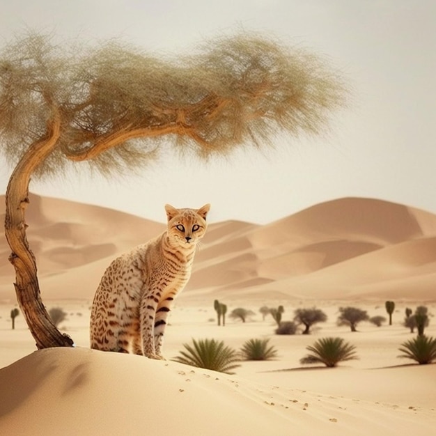 Un gatto maculato sotto un albero nel deserto