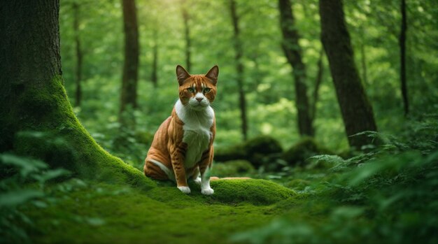 Un gatto maestoso seduto nel cuore di una foresta lussureggiante