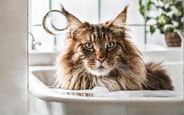 Un gatto Maine Coon si siede tranquillamente in una vasca da bagno piena d'acqua che mostra l'aspetto di cura del Maine Coon.