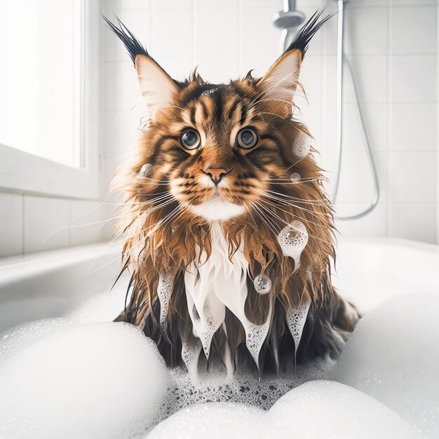 Un gatto Maine Coon si siede tranquillamente in una vasca da bagno piena d'acqua che mostra l'aspetto di pulizia della cura del Maine Coon