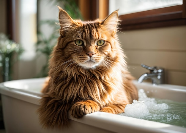 Un gatto Maine Coon si siede tranquillamente in una vasca da bagno piena d'acqua che mostra l'aspetto di pulizia della cura del Maine Coon