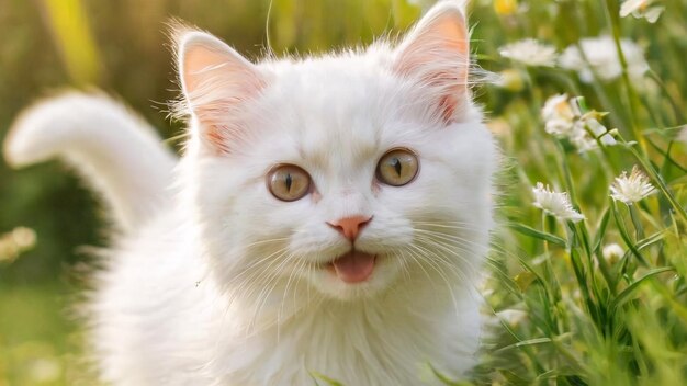 Un gatto meraviglioso in un prato primaverile fiori dolci su un prato verde spettacolare