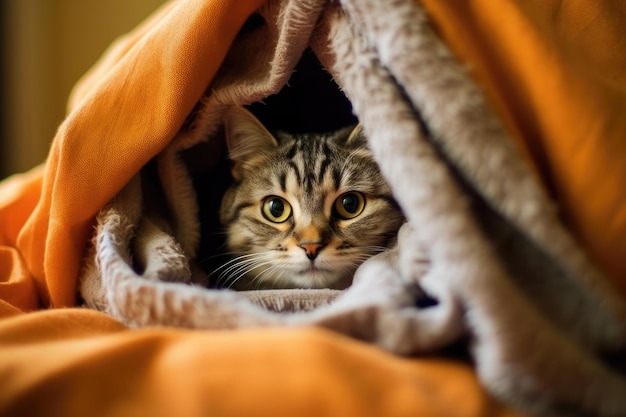 Un gatto nascosto in una coperta