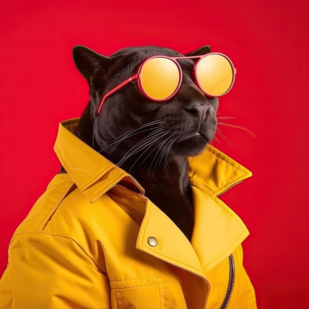 Un gatto nero che indossa occhiali da sole e un impermeabile giallo Generative Ai