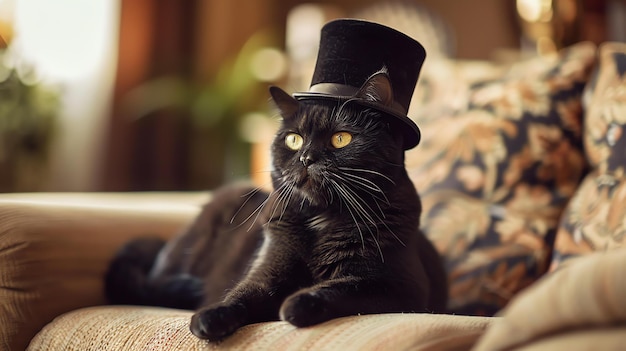 Un gatto nero che indossa un cappello è seduto su un divano il gatto sta guardando a destra del fotogramma lo sfondo è sfocato