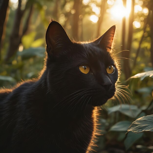 un gatto nero con gli occhi gialli è seduto nel bosco