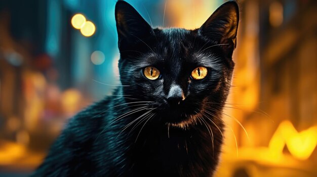 Un gatto nero con gli occhi gialli siede davanti a un lampione illuminato.