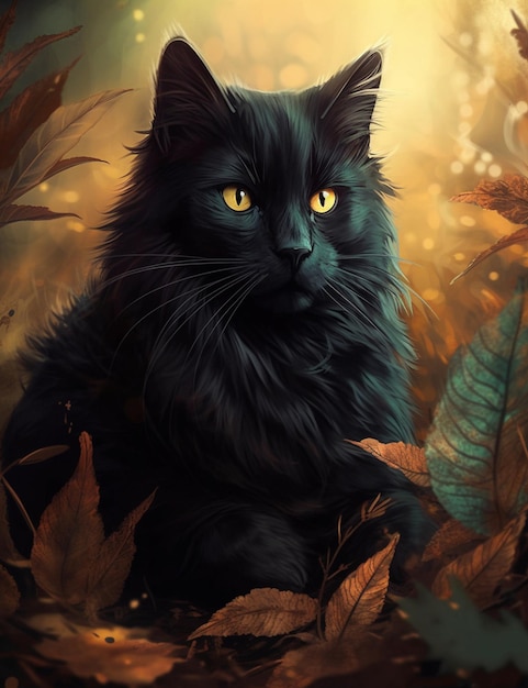 Un gatto nero con gli occhi gialli siede tra le foglie.