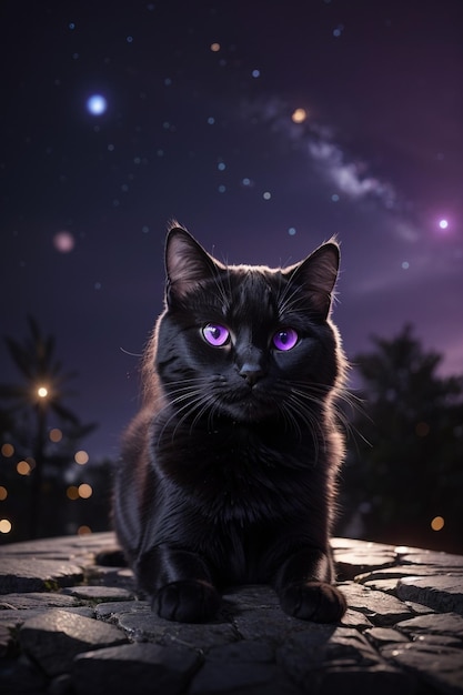 un gatto nero con gli occhi viola si siede su un tavolo con le stelle sullo sfondo.