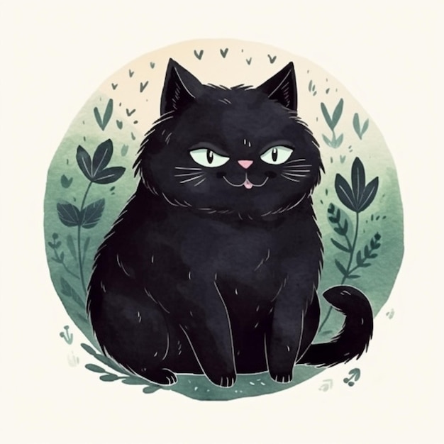 Un gatto nero con la bocca verde siede in cerchio.
