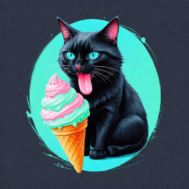 un gatto nero con la lingua fuori si siede davanti a un cono di gelato
