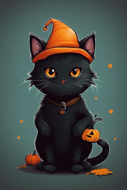 un gatto nero con sopra un cappello di zucca