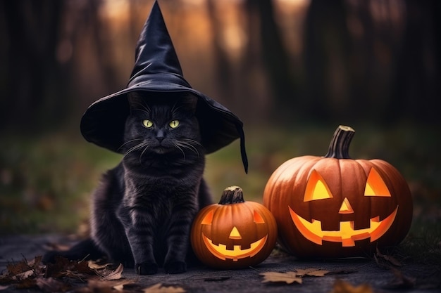 Un gatto nero con un cappello di Halloween fuori nella foresta con zucche