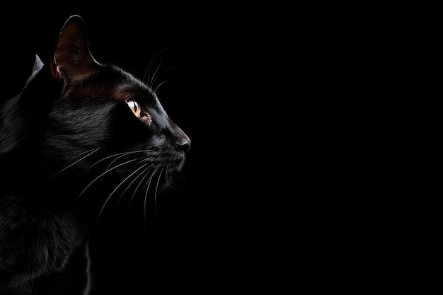 un gatto nero con un occhio giallo e uno sfondo nero