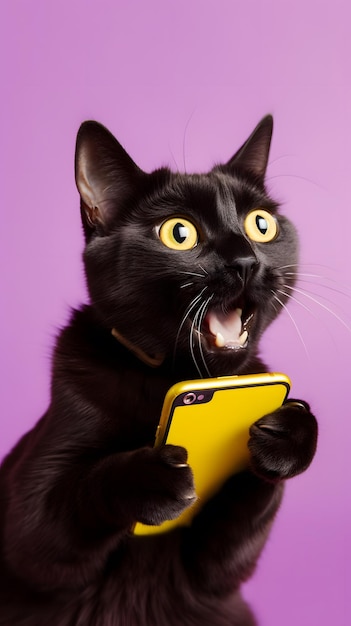 Un gatto nero con un telefono giallo in bocca