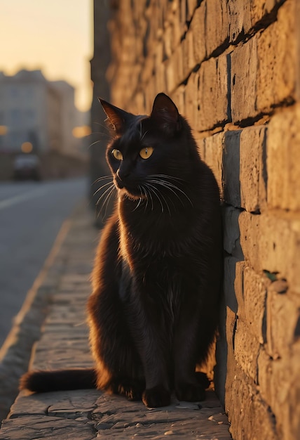 un gatto nero è in piedi su un muro con il sole che splende su di esso