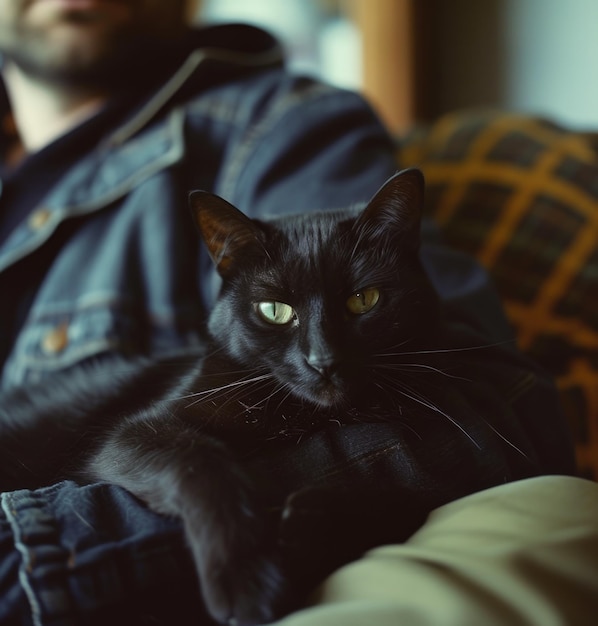 un gatto nero è seduto in grembo di un uomo