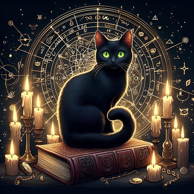 un gatto nero magico seduto sul libro delle streghe