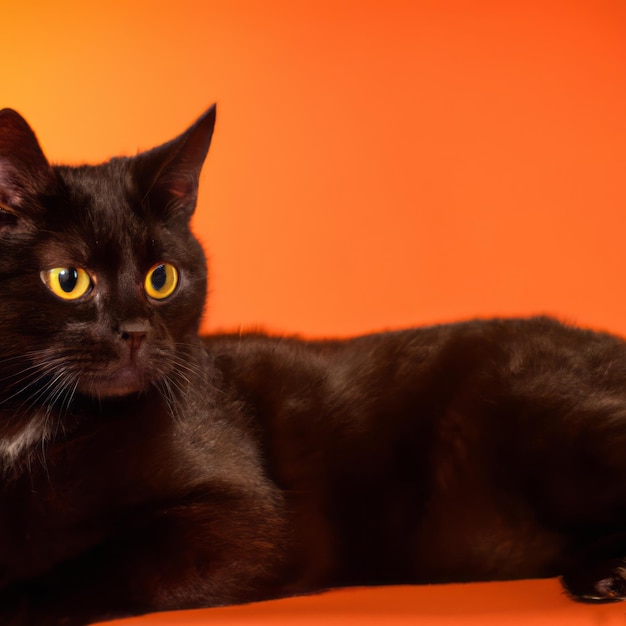 un gatto nero posa su uno sfondo arancione