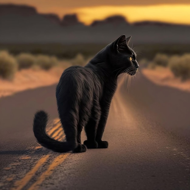 Un gatto nero posizionato sul ciglio di una strada Generative Ai