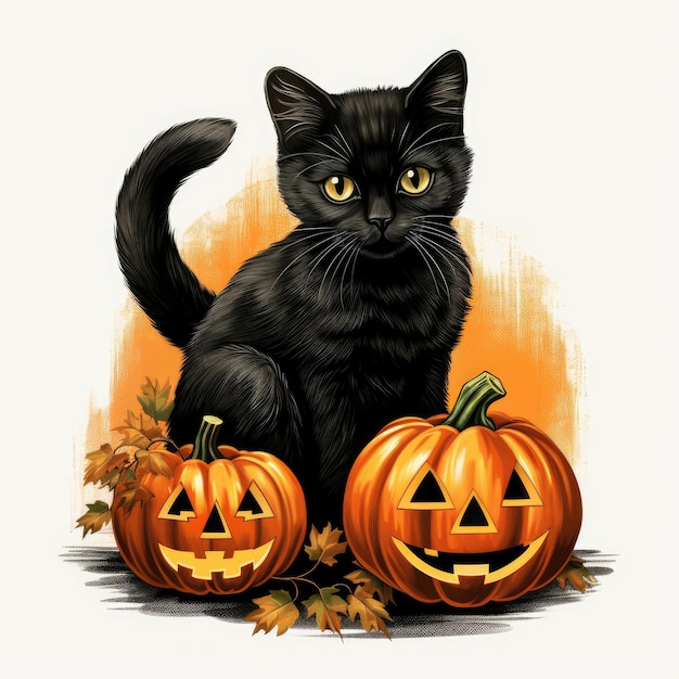 un gatto nero si siede di fronte a una zucca con una zucca su di essa.