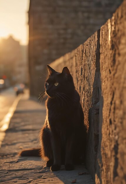 un gatto nero si siede su un muro al sole