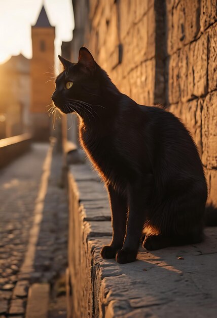 un gatto nero si siede su una parete con un pezzo di carta sulla testa