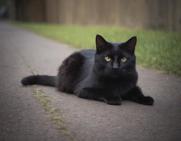 un gatto nero si siede su una strada con un prato di erba verde dietro di lui