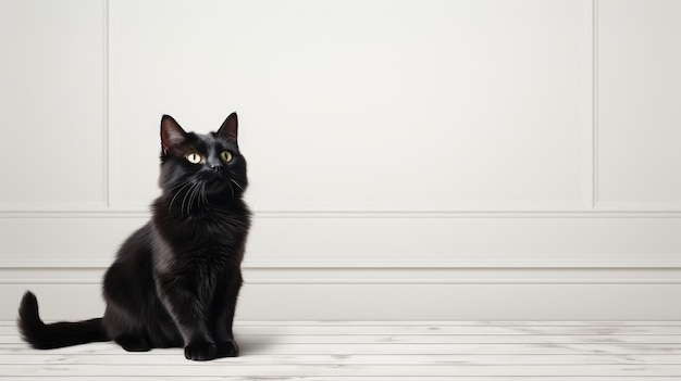Un gatto nero si siede sul pavimento e fissa una parete bianca Generativo Ai