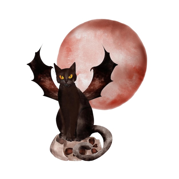 Un gatto nero si siede sull'illustrazione dell'acquerello delle tartarughe per Halloween su uno sfondo bianco isolato