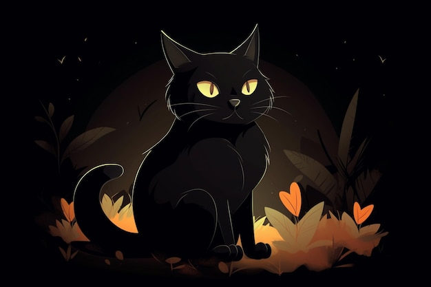 Un gatto nero siede nell'erba con gli occhi gialli.