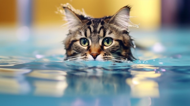 un gatto nuota nell'acqua con il riflesso dei suoi occhi.