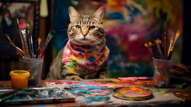 Un gatto pittore in uno studio d'arte circondato da pennelli e tante macchie di vernice colorata