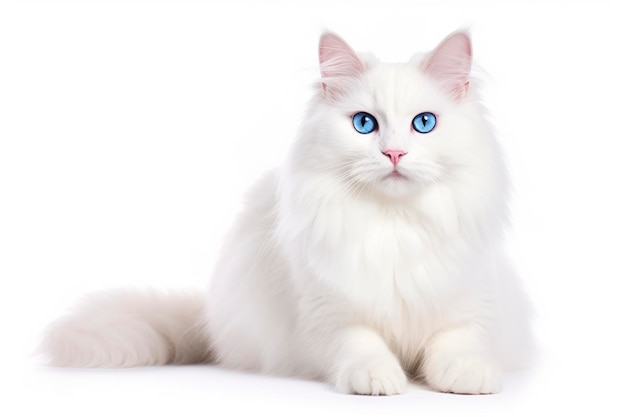 Un gatto ragdoll isolato su uno sfondo bianco e piatto