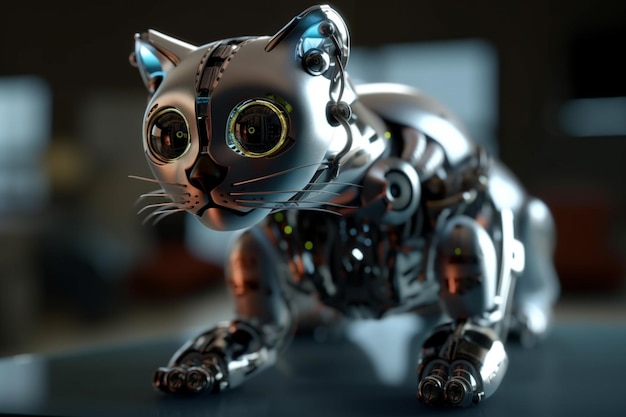 Un gatto robot è seduto su un tavolo con uno sfondo nero.