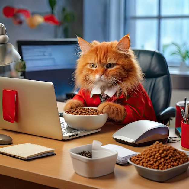 Un gatto rosso divertente che lavora in ufficio e mangia spuntini come un essere umano.