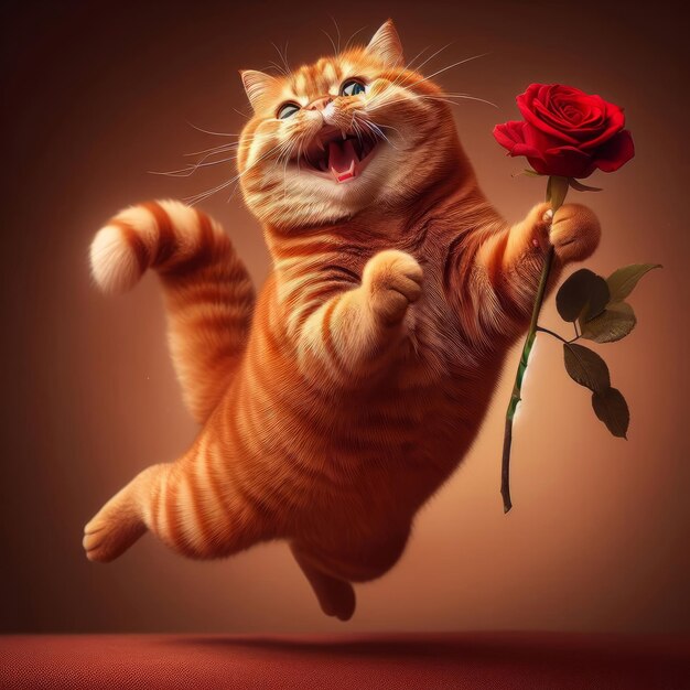 Un gatto rosso divertente che salta, ride, tiene una rosa rossa nella sua zampa anteriore, un biglietto di auguri di compleanno.