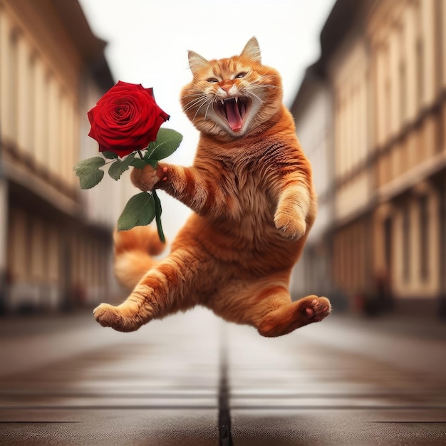 Un gatto rosso divertente che salta, ride, tiene una rosa rossa nella sua zampa anteriore, un biglietto di auguri di compleanno.