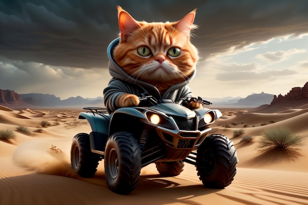 un gatto rosso sportivo su un ATV cavalca lungo le montagne sabbiose