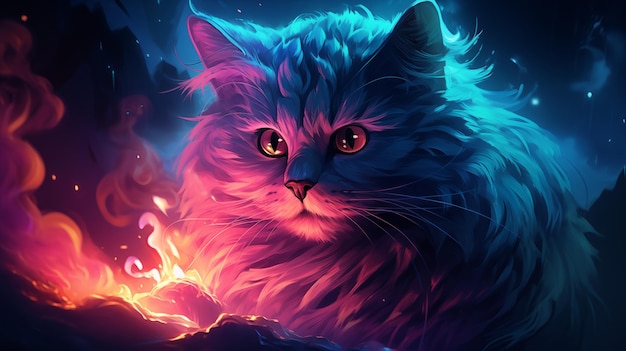 un gatto sassy blu e rosa è in piedi in una scena di notte buia con il fulmine